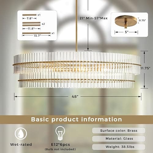 48" Crystal Fluted Glow Chandelier, Finial Details, Solid Crystal Craftsmanship, Fluted Modern Design, Bronze-Finished Iron Finials, Light, Bright, Airy Feel, Light Fixtures for Dining Room thumbnail 2