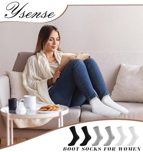 YSense Women's Cotton Crew Socks 6 Pairs, Long Cute Aesthetic Neutral Athletic Boot Socks for Women Stocking Stuffers Gifts thumbnail 5