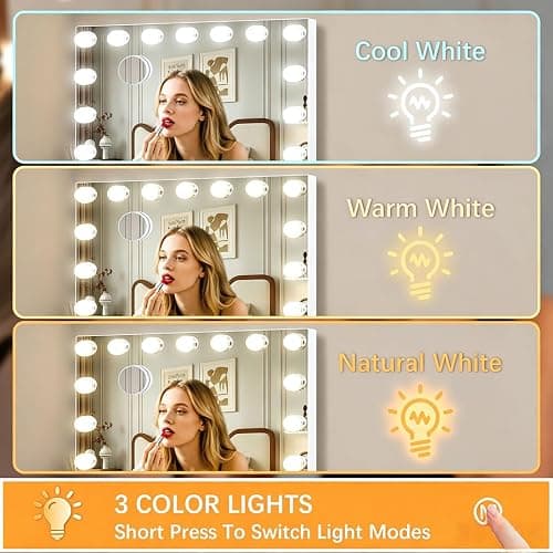 KIMLOONG Hollywood Vanity Mirror with Lights, 23×18 Inch Lighted Makeup Mirror with 3 Color Lights, 15 Dimmable LED Bulbs, USB Charging Port for Dressing Room & Bedroom, Aluminum Metal Frame thumbnail 5