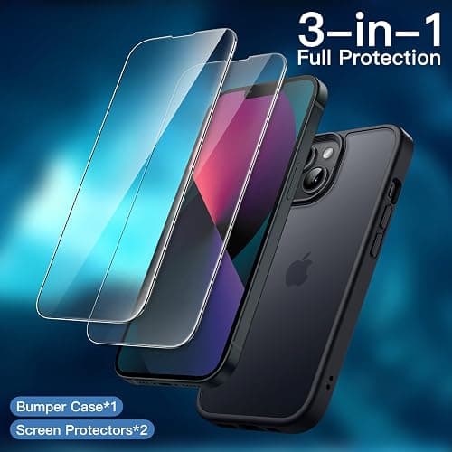 JETech 3 in 1 Matte Case for iPhone 13 6.1-Inch with 2-Pack Tempered Glass Screen Protector, Translucent Frosted Shockproof Phone Cover (Black) thumbnail 3