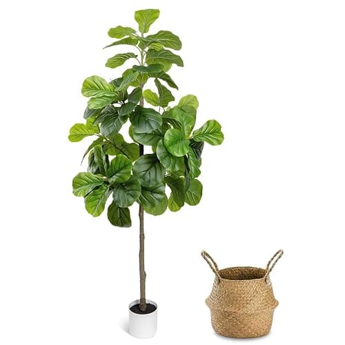 LuceAlberi Artificial Fiddle Leaf Fig Tree 6FT - Large Fake Tree with White Planter&Basket, Tall Faux Ficus Lyrata Tree Floor Plants for Indoor Home Decor Office Living Room Housewarming Gift, 1Pack - Image 1
