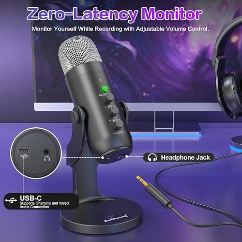 ZealSound Wireless Microphone,USB Mic for iPhone PC iPad Android Phone-Cordless Condenser Desktop Microphones with Mute Echo Monitor Volume Gain 2.4GHz for Podcast,ASMR,Gaming,YouTube Video/K66 Black thumbnail 5
