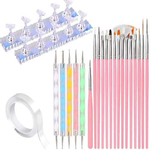 Komall Nail Art Tools, 15 PCS Nail Art Brushes, 5 PCS Nail Dotting Tool, Aurora Nail Stand, Nail Holder For Painting Nails Home DIY & Salon Supplies - Image 1
