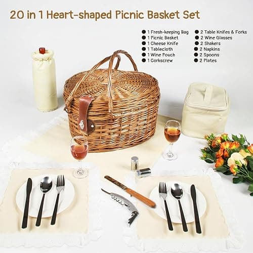 RORLAND Heart Shaped Picnic Basket Set 2 Person,Wicker Romantic Willow Woven Basket W/Tableware for Camping Indoor Outdoor Party,Couple Gift for Valentine's Day,Engagement,Wedding,Anniversary,Birthday thumbnail 4
