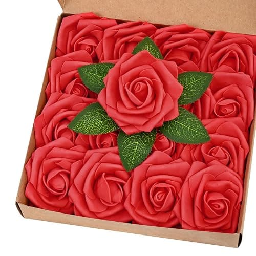 BLEUM CADE 16Pcs Artificial Flowers Fake Foam Roses with Stems for Wedding | Real Touch Red Boxed Foam Roses for DIY Bouquets Centerpieces Wedding Party Arrangement Bridal Shower Tables Decor - Image 1
