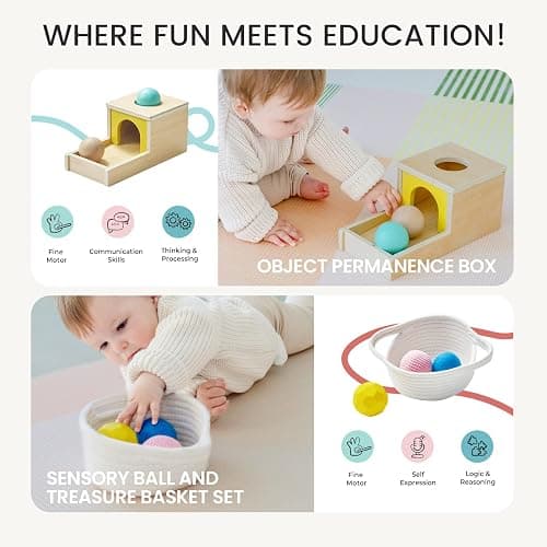 Tiny Land Montessori Toy Set for Babies 7-9 Months Senser Play Kit - 5-in-1 Wooden Learning Toys with Object Permanence Box, Sensory Ball, Stacking Cups and Mirror Puzzle,Body Board Book thumbnail 3