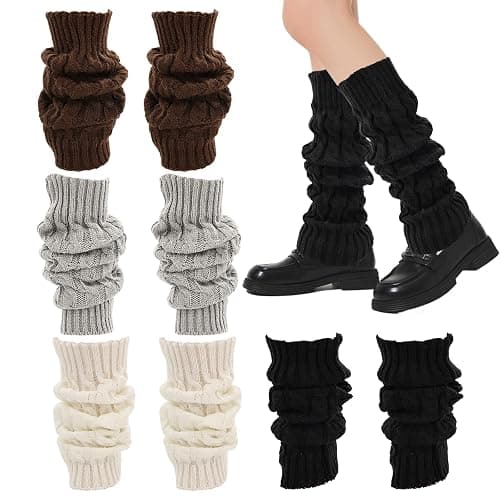 Mzario 4 Pairs Leg Warmers Y2k, Fashion Cute Cable Knit Leg Warmers for Women 80s Sports Party Yoga Accessories (Black, White, Coffee, Light Gray) - Image 1