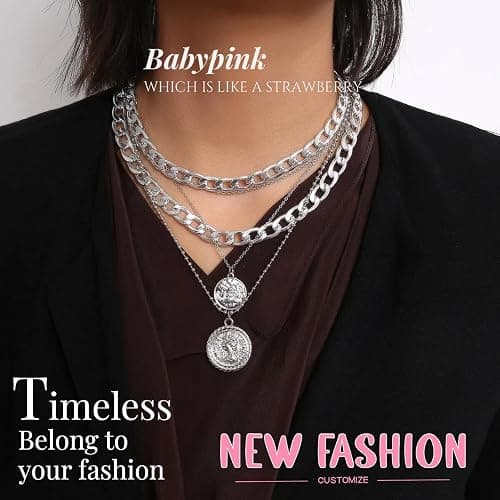 GAUEIOUR Punk Chunky Chain Necklace, Multi Layered Queen Engraved Coin Alloy Pendant, Round Hip Hop Necklace, Exaggerated Cuban Necklace, Thick Collar Jewelry For Women And Girls (Silvery) thumbnail 5