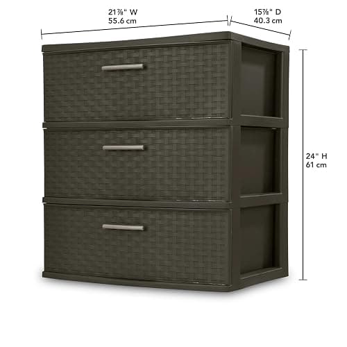 Brown 3 Drawer Wide Weave Tower - Plastic Décor Drawers with Pull Handles thumbnail 3
