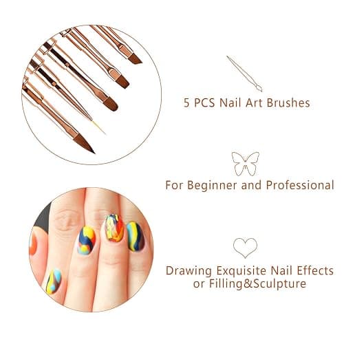 Pinceau Nail Art Ongles Gel Professionnel avec Capuchon Bouchon - LEA-SHALL 5 Pièces Pinceaux Fin Liner/Plat/Rond/Acrylique French pour Ongle Peinture Acrylique UV Construction Set ã Brosses Strass thumbnail 2