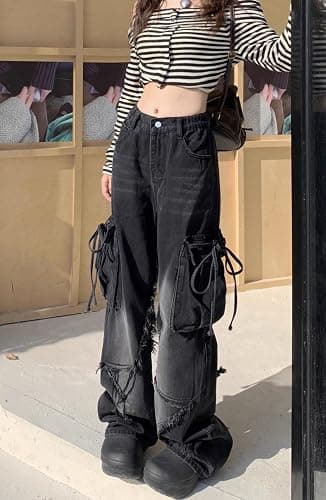 Unisex Y2K Star Patchwork Baggy Jeans – Wide Leg Distressed Denim Pants with Drawstring Waist and Cargo Pockets Streetwear thumbnail 5