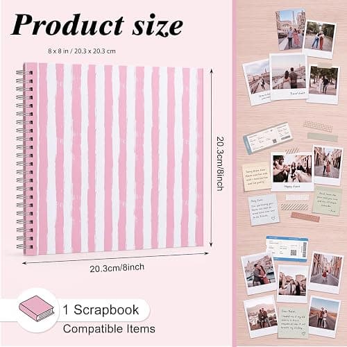8 x 8in Pink Scrapbook Album, 60 Pages Striped Creative DIY Photo Album | Pink Memory Photo Book, Scrapbook Cute for Pictures Stickers, Travel, Wedding, Craft Parties, Baby, Birthday Dinners & Gift thumbnail 3