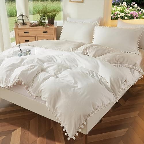 Bedbay Boho Bedding Comforter Set Kids Bedding Twin Cute Ball Pom Pom Fringe Farmhouse Bedding White and Beige Reversible Preppy Comforter Set(White&Beige,Twin) thumbnail 2