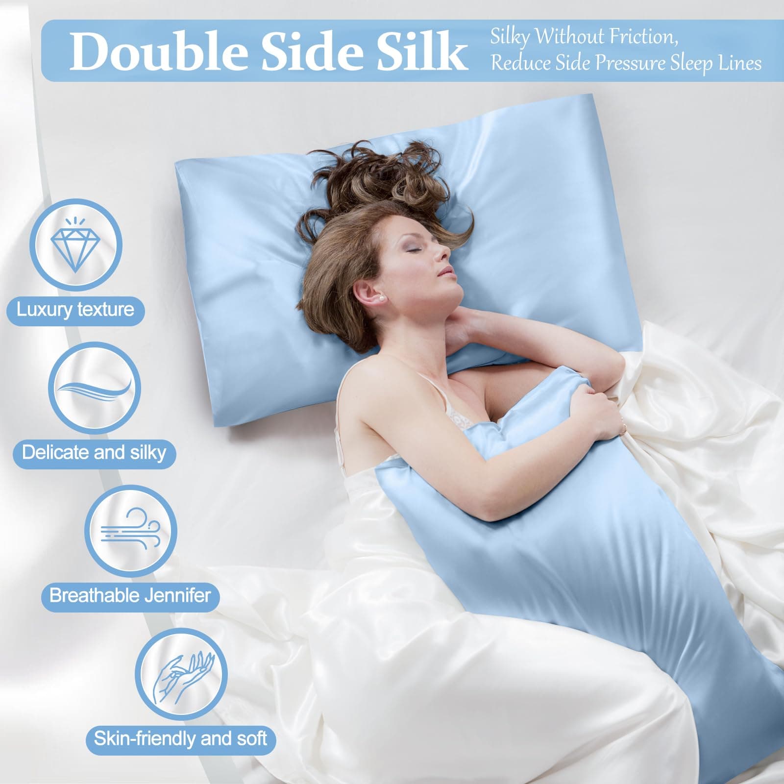 Kinself 100% Pure Silk Pillowcase for Hair and Skin, Both Sides Mulberry Silk Pillowcases with Hidden Zipper, Cooling Pillowcase 19 Momme, 600 Thread Silk Pillow Cases Standard Size, 2PCS, Light Blue thumbnail 2