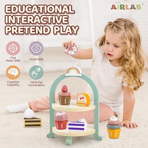 Airlab Wooden Cake Toys Tea Party Set for Little Girls Boys Pretend Play Kids Kitchen Accessories Desserts Food Toy with Cupcake Stand Toddler Gift for 3 4 5 Years Old thumbnail 4