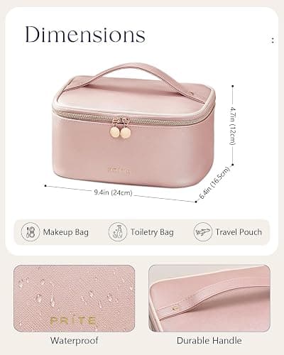 Prite Makeup Bag, Large Capacity Portable Travel Cosmetic Bag, Waterproof Makeup Organizer for Women with Handle and Divider (002 Pearl Pink) thumbnail 6