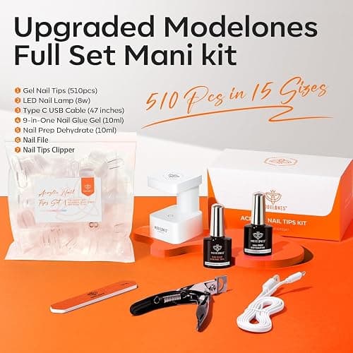 modelones Gel Nail Kit Almond, Upgrade 15Sizes Fake Nails, 9-in-One Glue Dehydrator & Mini U V Light Clipper, 510Pcs Medium Almond Press on Tips for Extension DIY Salon Home Gift thumbnail 7