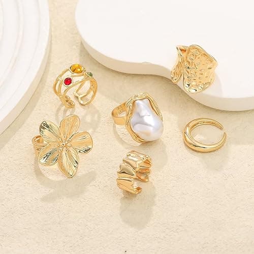 Otxas Chunky Rings for Women Adjustable Statement Rings Baroque Pearl Flower Ring Stackable Rings Set 6Pcs Chunky Jewelry thumbnail 6