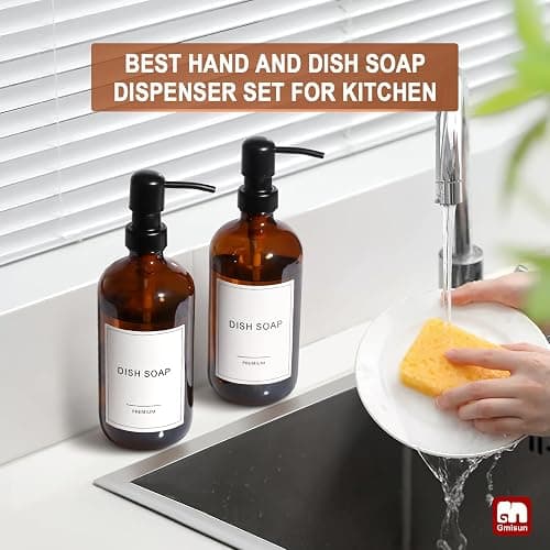 GMISUN Amber Glass Soap Dispenser, 4 Pack Bathroom Hand Soap Dispensers with Stainless Steel Pump, 17 Fl Oz Kitchen Hand and Dish Soap Dispenser Set, Modern Vintage Liquid Brown Soap Dispensers Bottle thumbnail 6