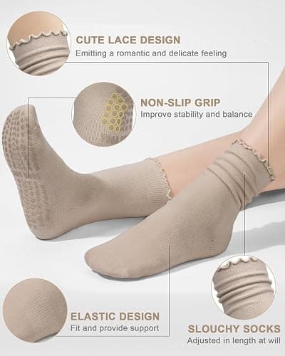 Darller 5 Pairs Pilates Socks with Grips for Women, Non Slip Cotton Ruffle Yoga Socks for Barre Workout Hospital thumbnail 4