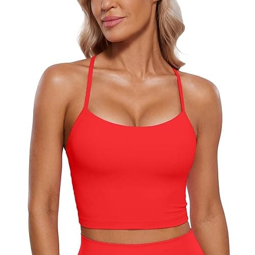 CRZ YOGA Womens Butterluxe Y Back Longline Sports Bras - Spaghetti Straps Racerback Padded Yoga Workout Crop Tank Top - X-Small - Deep Red
