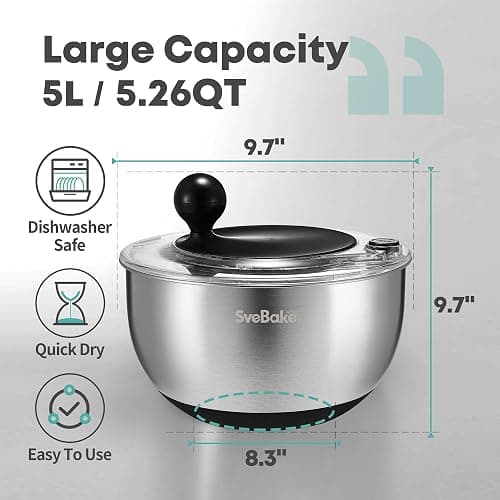 SveBake 5.3Qt Stainless Steel Salad Spinner with Stop Button, BPA-Free Vegetable Lettuce Spinner, Transparent Lid & Drainage Hole, Non-Slip Base, Dishwasher Safe Fruit Washer thumbnail 3