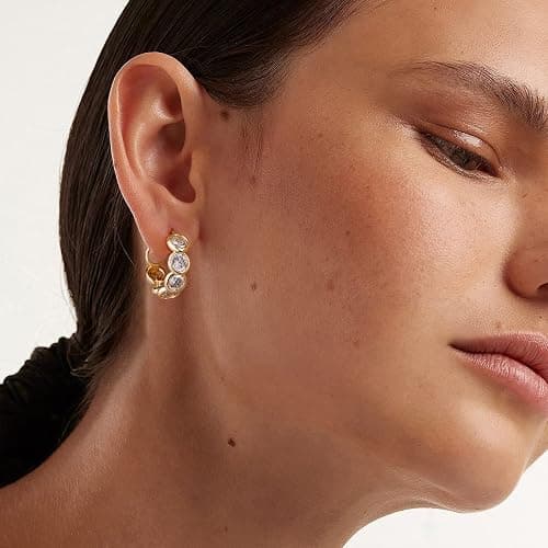 MTMY Huggie Hoop Earrings 14K Gold Plated Cubic Zirconia Dainty Simple Cute Beads Elegant CZ Circle Small Hoop Earring for Women Minimalist Handmade Hypoallergenic Jewelry thumbnail 3