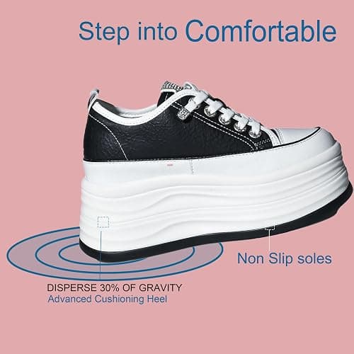 JYSGYLT 4 inch White Platform Sneakers for Women - Chunky Non Slip Sole Slip On Casual Shoes Women’s Fashion Sneakers with 7cm Platform & 2cm Hidden Heel Walking Shoes (White/Black) thumbnail 4