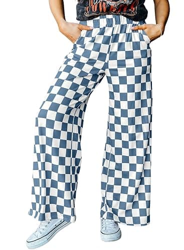 Acelitt Womens Casual Checkered Pants Elastic Waist Comfy Loose Wide Leg Pants with Pockets - Image 1