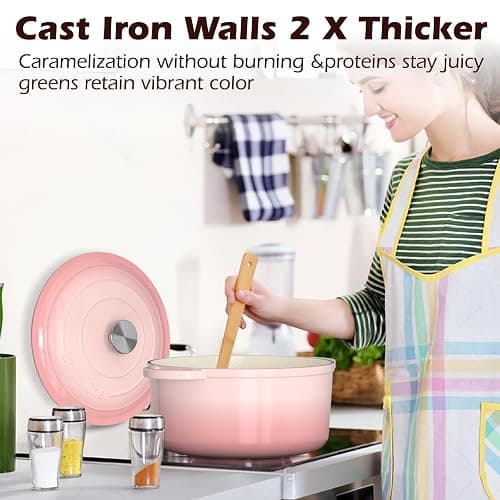 Umite Chef 5QT Enameled Cast Iron Dutch Oven Pot with Lid, Heavy-Duty Cookware for Bread Baking, Braising, Stews, Roasting, Wedding Registry Ideas & Gifts (Pink) thumbnail 6