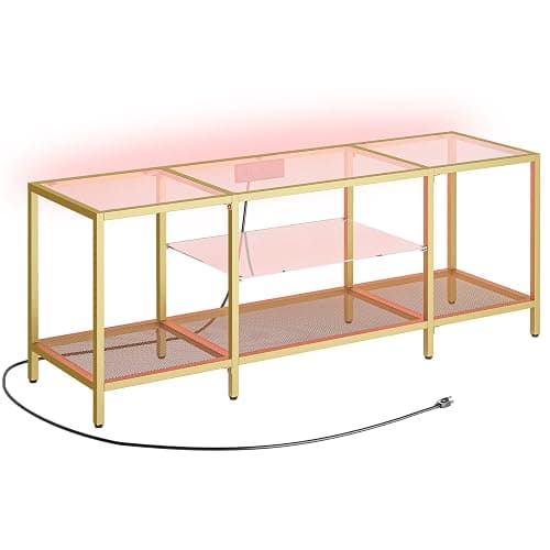 HOOBRO TV Stand with LED Lights and Power Outlets for TVs up to 65", Modern 55 Inch Tempered Glass TV Console Table with Open Shelves, Media Entertainment Center for Living Room, Gold GD145UDS01 thumbnail 9