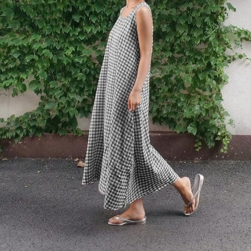 chouyatou Women's Summer Casual Loose-Fit Cotton Plaid Tank Maxi Dress with Pockets Boho Beach Sundress thumbnail 4