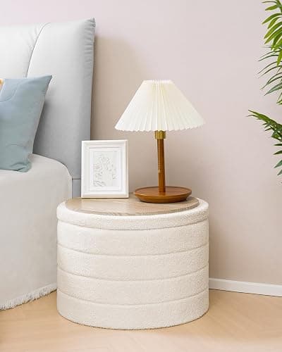 B FSOBEIIALEO Ottoman with Stroage, Round Sherpa Storage Ottoman Stool, Boucle Foot Rest22 x 22"x15.75" (White) thumbnail 7