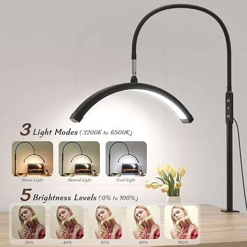 Mznoo Half Moon Light with Clamp, LED Manicure Table Lamp, Desk Lamp for Nail Desk, Eyelash Extensions, Skincare and Tattoo, 5 Brightness Levels and 5 Color Modes, Remote Control (Black) thumbnail 2