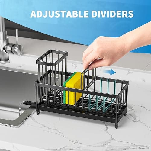Cisily Black Sponge Holder for Kitchen Sink, Sink Caddy Organizer with High Brush Holder, Kitchen Countertop Organizers and Storage Essentials, Rustproof 304 Stainless Steel, Soap Dispenser Organize thumbnail 5