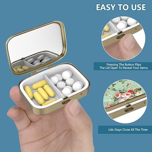 Pill Case Pill Box with Mirror Retro 2 Compartment Small Pill Case for Purse or Pocket Bronze Rectangular Pill Box or Vitamins, Fish Oil, Supplements, Pill Containe Travel Gifts（Retro Pink Floral） thumbnail 4