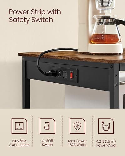 VASAGLE Kitchen Island with 3 Shelves, 47.2 Inches Width Kitchen Shelf with Power Strip, Large Worktop, Stable Steel Structure, Industrial, Easy to Assemble, Rustic Brown and Black UKKI101K01 thumbnail 5