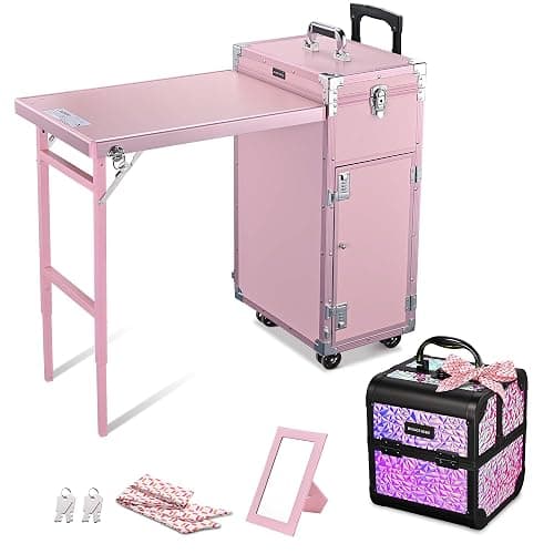 BYOOTIQUE Pink Rolling Manicure Table with Storage Protable Nail Station Kit with Makeup Train Case Cosmetic Organizer for Beauty Salon Barbershop Manicurist - Image 1