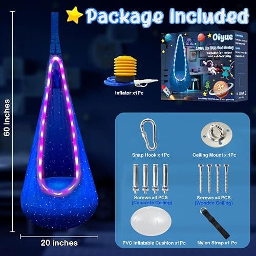 Light Up Kids Pod Swing Seat, Kids Hanging Hammock Swing Chair with LED Lights & Inflatable Pillow, Sensory Swing Pod Swing for Kids Indoor and Outdoor (Blue) thumbnail 2