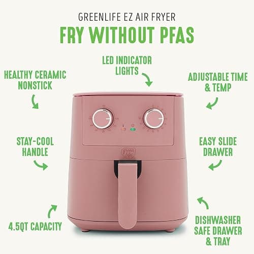 GreenLife 4.5QT Air Fryer, Mechanical Dial Controls, PFAS-Free Ceramic Nonstick Drawer, Adjustable Temp & Timer, LED Indicator, Oil-Less Cooking, Dishwasher Safe, Compact Family Size, Pink thumbnail 3