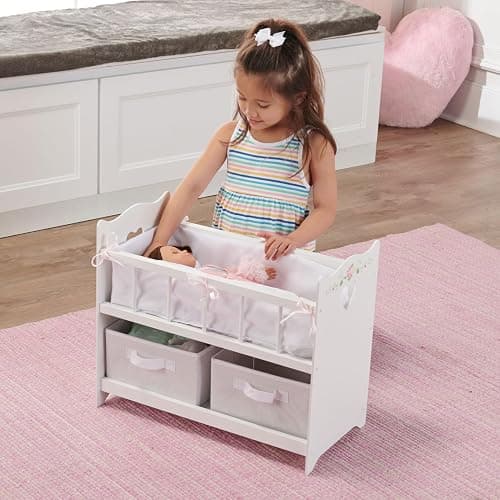 Badger Basket Wooden Doll Bed with Storage Baskets & Pillows - White/Rose | Fits 18–20" dolls; includes bedding, 2 storage baskets, wood construction & personalization decal kit. thumbnail 5