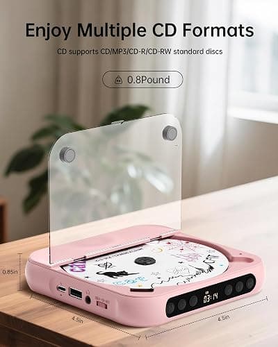 ENVYCLOUD CD Player Portable with Dual Stereo Speakers, Rechargeable Portable CD Player with Bluetooth for Home with Headphones, Support CD/AUX/USB, Pink thumbnail 4