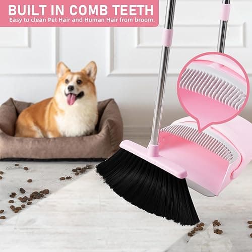 BSKLIN Pink Broom and Dustpan Set, 52” Long Adjustable Handle Broom with Dustpan Combo Set with Dust Pan Teeth to Clean Hair for Home Lobby Office thumbnail 5