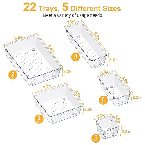 SMARTAKE 22-Piece Drawer Organizer with Non-Slip Silicone Pads, 5-Size Clear Desk Drawer Organizer Trays Storage Tray for Makeup, Jewelries, Utensils in Bedroom Dresser, Office and Kitchen, Clear thumbnail 3