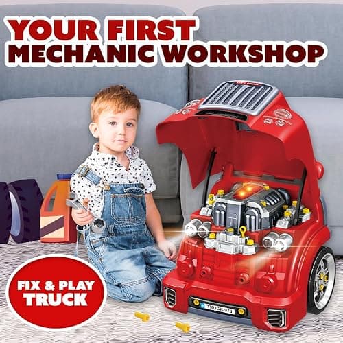 Playbees Red Truck Engine Repair Toy – Kids Mechanic Repair Set with Tools, Lights & Sounds – Interactive Take-Apart Engine Builder Truck, Great thumbnail 5