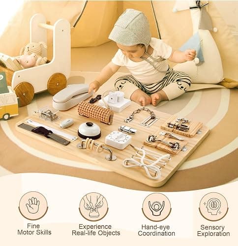 Potatomato Montessori Large Busy Board for Toddlers – 21-in-1 Wooden Sensory Educational Toy for Kids – Fidget Toy for Boys & Girls Fine Motor Skills – Autism Sensory Products thumbnail 3