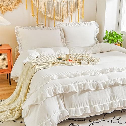 Koudi White Ruffled Shabby Chic Duvet Cover Set Queen Size Vintage Ruffle Fringe Comforter Cover Solid Color Farmhouse Rustic Bedding Set Soft Microfiber with Zipper Ties thumbnail 2