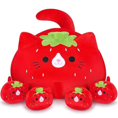 5 PCS Strawberry Cat Plush Stuffed Animal Family-19" Soft Strawberry Cat Plush, Large Mommy Plushies with 4 Baby Kittens Plushies, Kawaii Plushie Toy Christmas Birthday Gifts for Kids Boys - Image 1