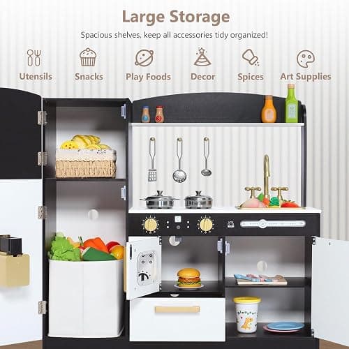 Kinder King Wooden Kids Play Kitchen, Toy Kitchen Playset for Toddler, Play Kitchen Set w/Blackboard, Transparent Coloring Board, Pretend Dishwasher, Oven, Ice Maker, Gift for Boys Girls Age 3+, Black thumbnail 9