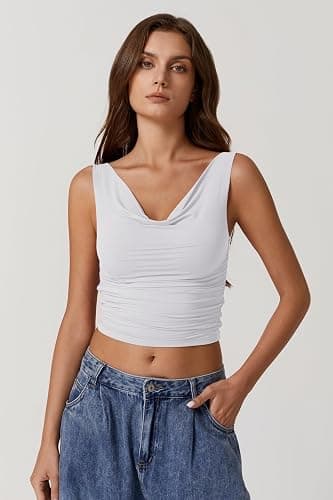 QINSEN Women's Cowl Neck Top Sleeveless Ruched Double Lined Crop Top Y2k T Shirts thumbnail 2